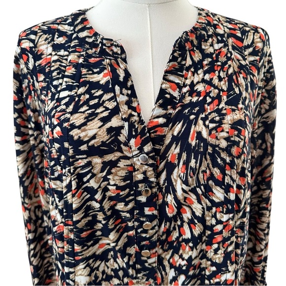 Women's 3X Soft Stretchy PLUS Navy Coral Pleated Roll Tab Work Casual Curvy Top - Picture 3 of 5